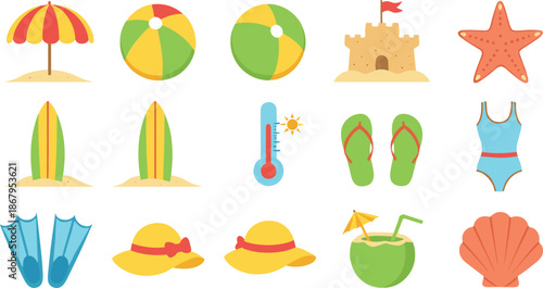 Colorful summer vacation and beach vector icon set featuring flat illustrations of a sun umbrella, sandcastle, surfboards, flip-flops, tropical coconut drink, and seashell.