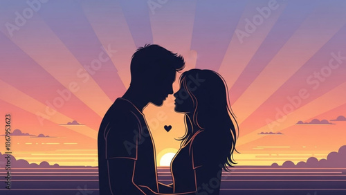Silhouette of a couple embracing at sunset romantic concept illustration with warm sky and ocean perfect for love and relationship themes