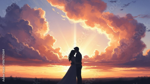 Couple embracing under a dramatic sunset sky with sunbeams symbolizing love and hope perfect for romantic themes and wedding invitations