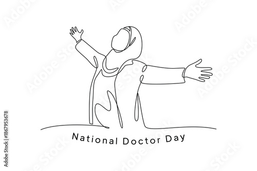 happy hijab female doctor. National Doctor Day Concept. Single line draw design. Vector graphic illustration