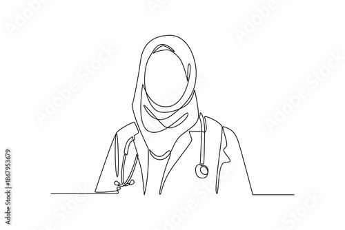 female doctor wearing hijab. National Doctor Day Concept. Single line draw design. Vector graphic illustration