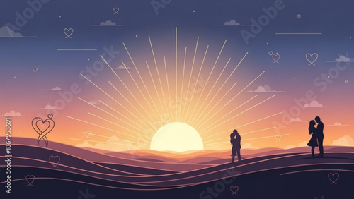 Couple silhouetted against a vibrant sunrise over rolling hills symbolizing love and new beginnings perfect for romantic themes and greeting cards