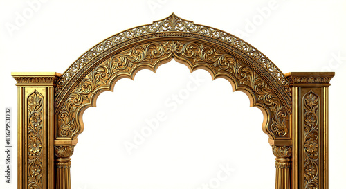 Intricately carved golden archway with elaborate floral and geometric patterns in a isolated on a transparent background