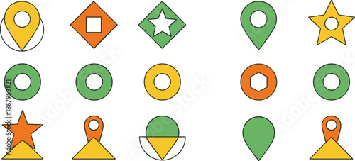 Colorful vector collection of map markers and location pins featuring geometric navigation icons in star, circle, diamond, and teardrop shapes for digital interfaces.