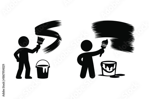 Painter silhouette with brush strokes and paint bucket illustration
