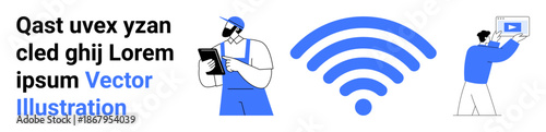 Man in blue overalls with a tablet, large wireless icon, person adjusting a screen. Ideal for technology, digital communication, internet, tech support, wireless connection, remote work simple
