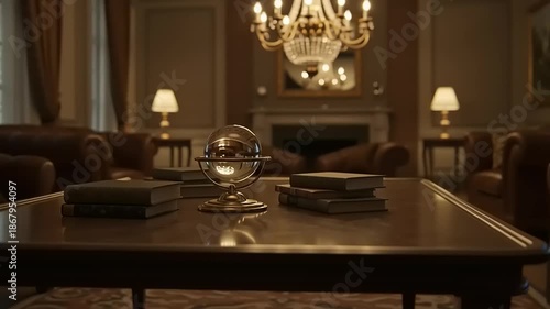 Elegant room interior with crystal globe and books on wooden table