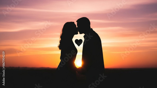 Silhouette of a couple kissing at sunset with a heart symbol romantic love concept for Valentines Day or wedding warm orange sky