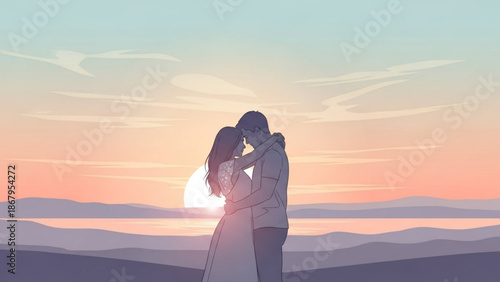 Couple embracing at sunset romantic silhouette against a pastel sky with distant hills and water symbolizing love and togetherness