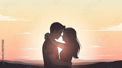 Silhouette of a loving couple embracing at sunset romantic moment with warm sky and distant hills perfect for expressing love and connection