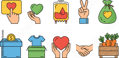 Professional charity and donation vector icon set featuring colorful illustrations of hearts, blood donation, donation boxes, food crates, and symbols of kindness and support.