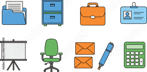 Colorful business and office stationery vector set featuring flat illustrations of a blue file folder, green filing cabinet, orange briefcase, ID badge, projector screen, desk chair, and calculator.