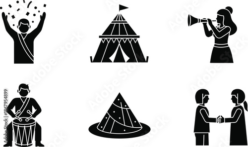 Holi festival icon set with colorful celebrations and traditional rituals