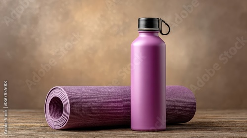 Purple water bottle yoga mat healthy hydration lifestyle purple water bottle beside yoga mat promoting healthy hydration and active lifestyle for wellness