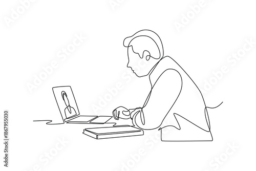 A man working on a tablet. People self employed concept. Single line draw design. Vector graphic illustration