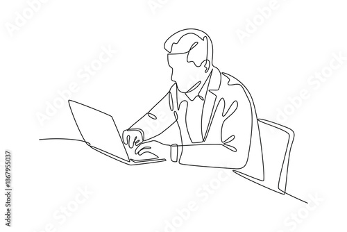A man working on a laptop. People self employed concept. Single line draw design. Vector graphic illustration
