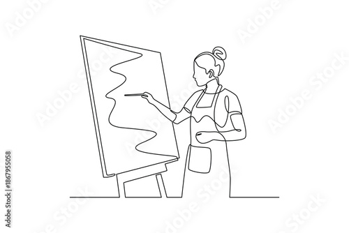 A woman explaining ideas on a presentation board. People self employed concept. Single line draw design. Vector graphic illustration