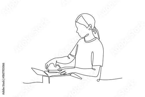 A woman drawing on paper. People self employed concept. Single line draw design. Vector graphic illustration
