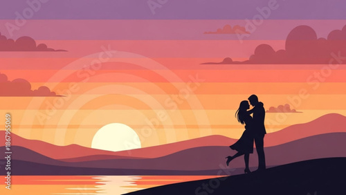 Couple embracing at sunset romantic silhouette against colorful sky and calm water perfect for love and relationship themes