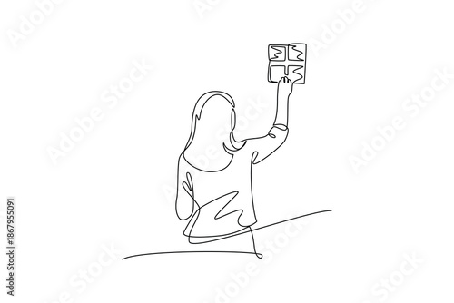 A woman showing documents. People self employed concept. Single line draw design. Vector graphic illustration