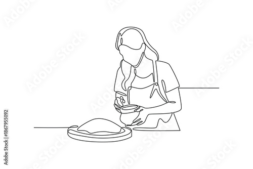 A woman preparing food. People self employed concept. Single line draw design. Vector graphic illustration