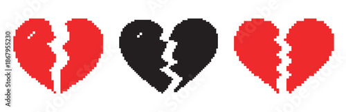 Pixel Broken Heart Shape Set, vector collection of Red Heart Icons and Symbols