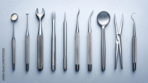 Dental tools set close up view of various dental instruments arranged on a clean blue surface