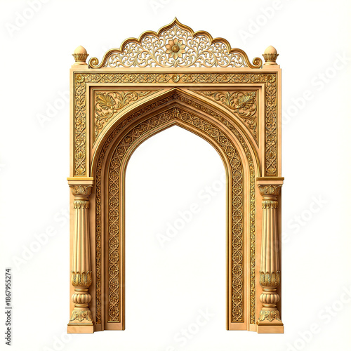Ornate golden archway with intricate floral and geometric carvings and symmetrical isolated on a transparent background