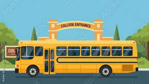 Yellow school bus driving to college entrance on sunny day