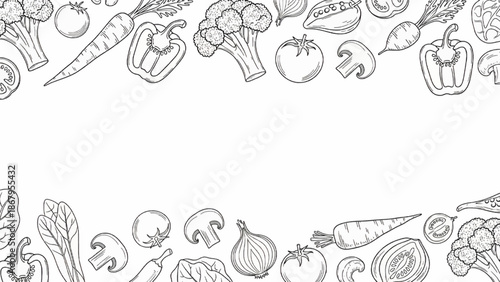 Horizontal background with with various vegetables and a place for text. Vegan backdrop with organic natural products. Line art vector monochrome illustration