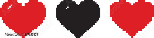 Pixel Heart Shapes in Red and Black, different red hearts in pixel art style vector, Pixel icon