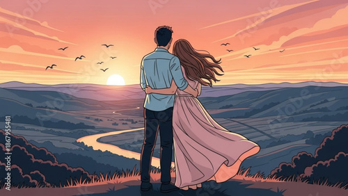 Couple embracing and watching a scenic sunset over rolling hills and a winding river symbolizing romance and togetherness perfect for travel or lifestyle concepts
