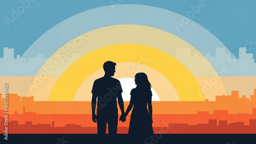 Couple holding hands silhouetted against a vibrant sunset over a city skyline symbolizing love and new beginnings perfect for romantic themes and travel