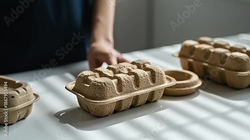 Hands arranging eco friendly packaging on white surface overhead view