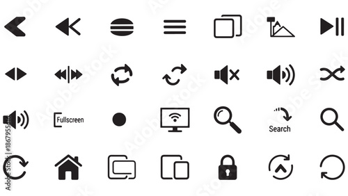 Minimalist user interface and media player control icon set featuring play pause volume and search symbols for mobile application development and web design business project assets.