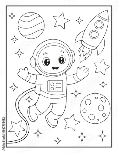 Cute Astronaut Coloring Page for Kids and Adults. Smiling Space Explorer with Planets and Rocket, Simple Black and White Line Art Illustration