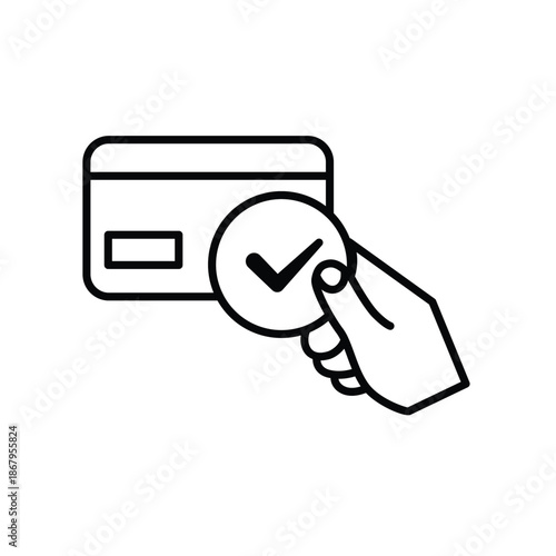 Payment icon. Hand holding out a credit card and a check mark. Economics, business, simple. Outline design style.