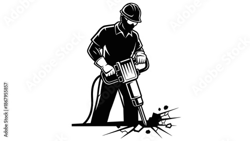 Construction worker drilling into concrete with jackhammer