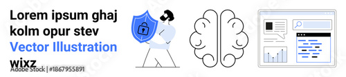 Cybersecurity, data visualization, protection, AI innovation, analytic tools, secure information. Person holding a shield, brain sketch and dashboard graphic. Cybersecurity and AI innovation concept