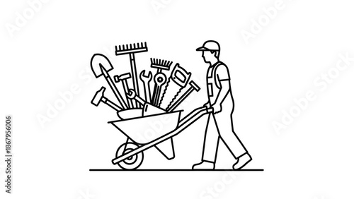 Man pushing a wheelbarrow full of tools across the ground