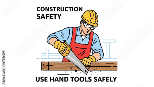 Construction worker using hand saw safely on building site