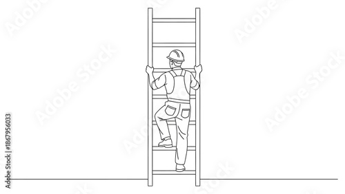 Construction worker climbing ladder with safety gear on