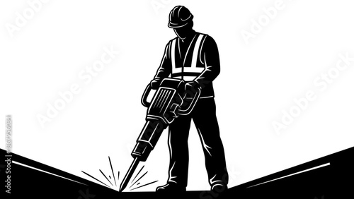 Construction worker operating jackhammer on site