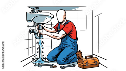 Plumber fixing leaky sink with tools and toolbox nearby