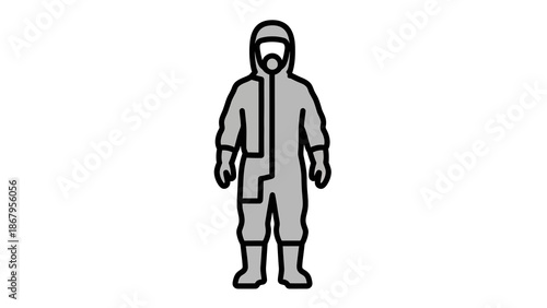 Person wearing protective hazmat suit and gas mask