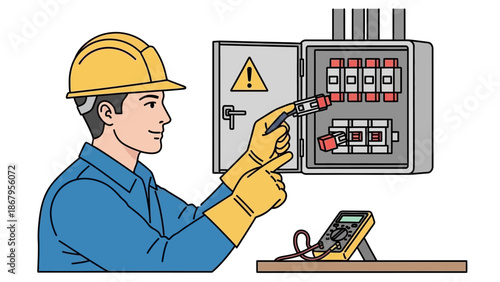 Electrician working on electrical panel with safety gear