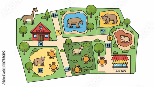 Zoo map illustration with various animal enclosures and facilities.