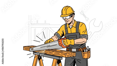 Carpenter using chainsaw to cut wood in workshop