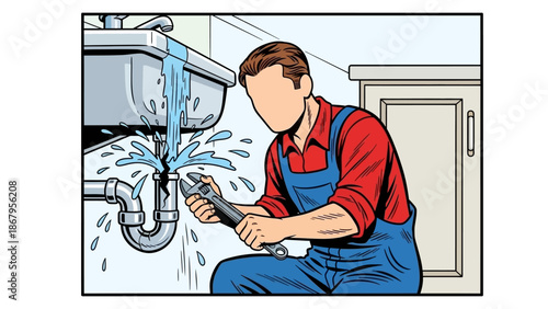 Plumber fixing leaky sink with wrench in modern kitchen