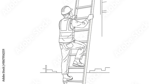 Construction worker climbing ladder for maintenance work